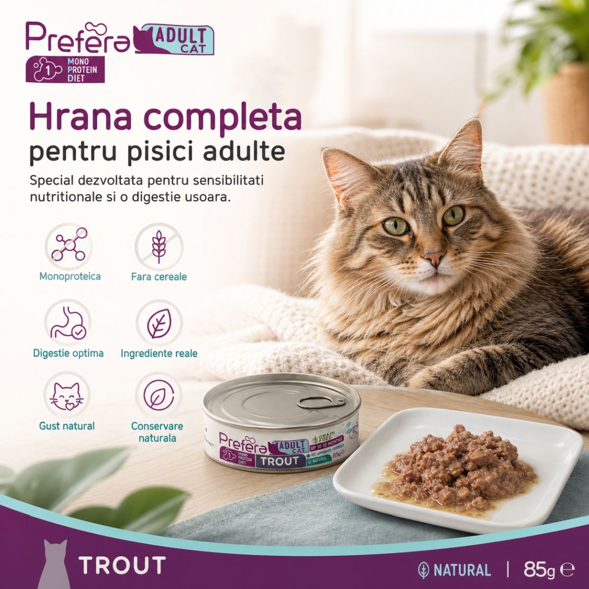 PREFERA MPD, Păstrăv, dietă veterinară, conservă hrană umedă monoproteică fără cereale pisici, (în suc propriu), 85g - imagine 3